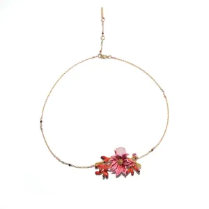Les Nereides Pink Flower With Golden Pistil On Faceted Crystal Necklace