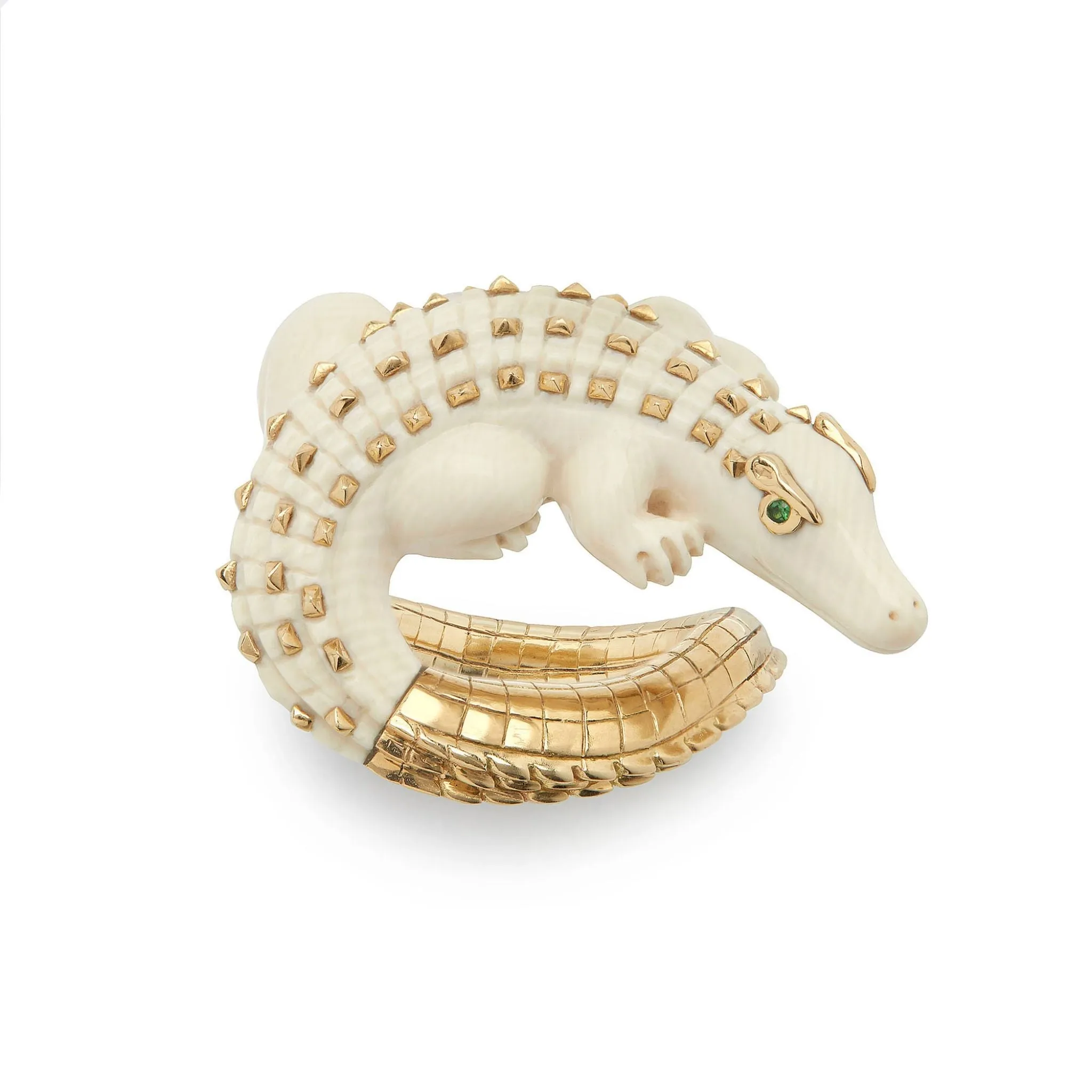 Mammoth Alligator Twist 18K Gold Ring w. Tsavorite