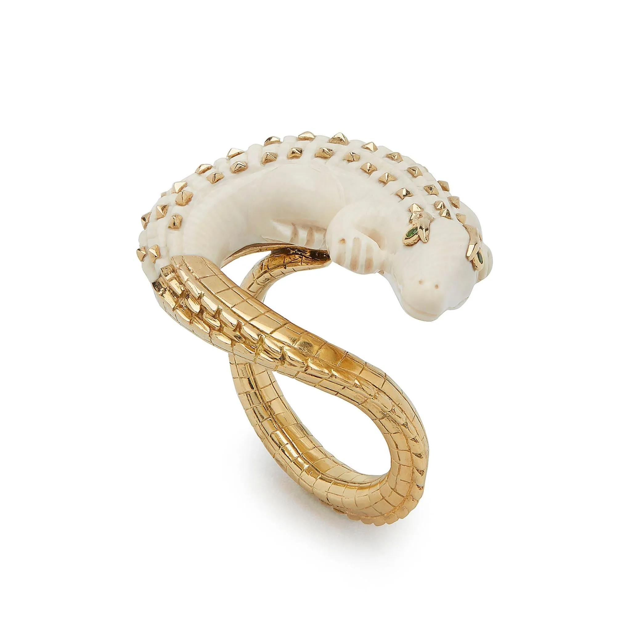 Mammoth Alligator Twist 18K Gold Ring w. Tsavorite
