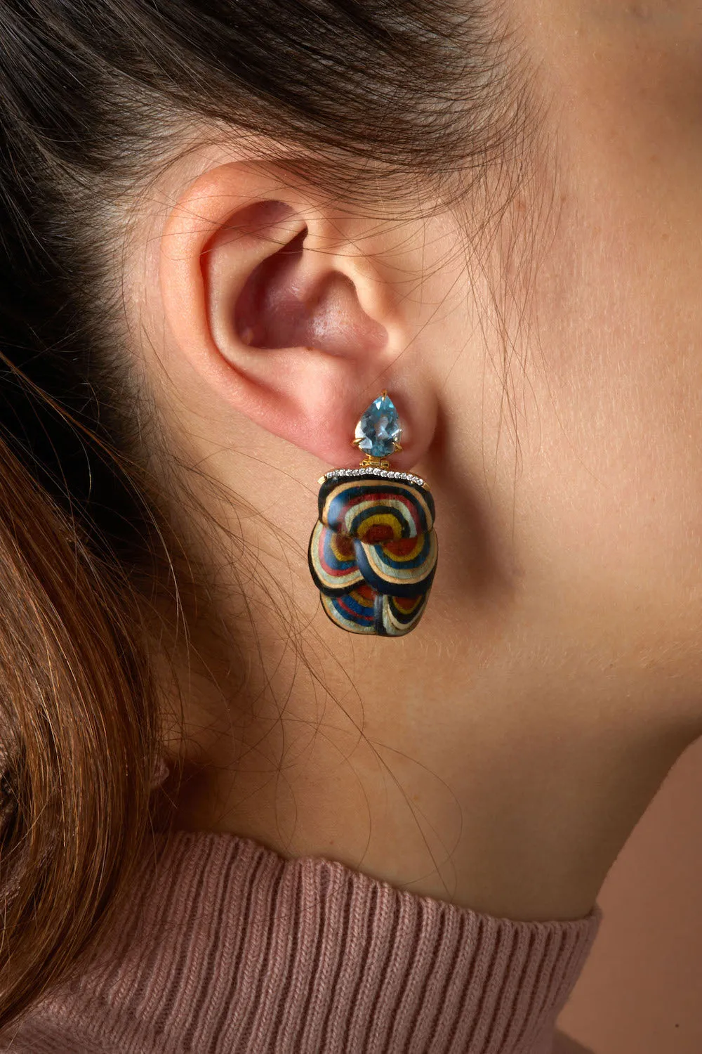 Marquetry Mushroom 18K Gold Earrings w. Topaz & Diamond