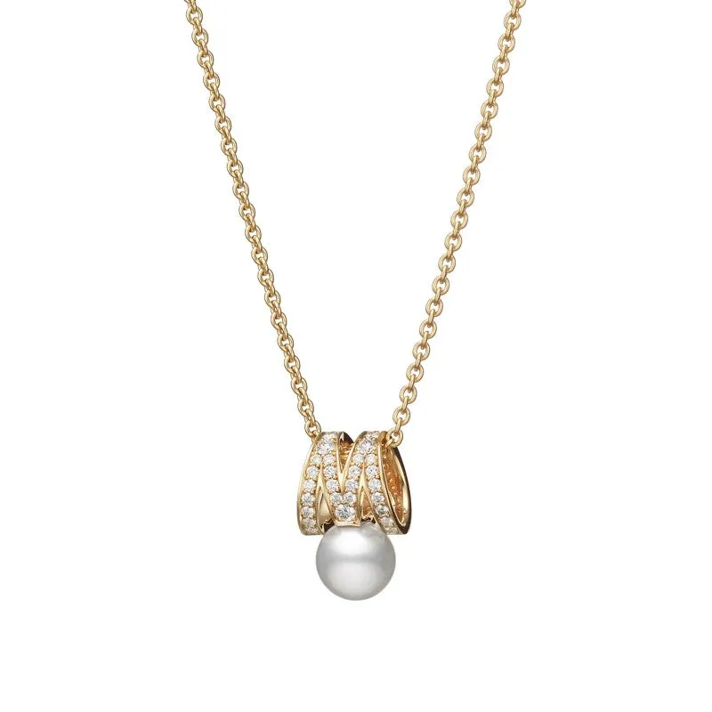 Mikimoto  18ct Yellow Gold Akoya Pearl & 0.33ct Diamond M Signature Necklace