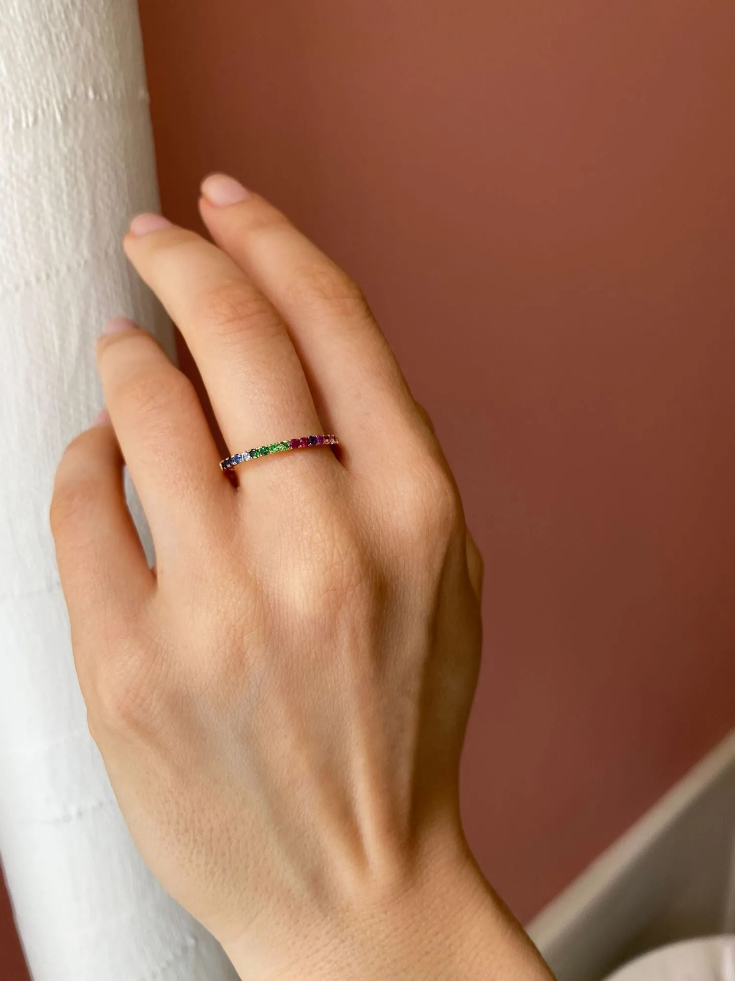Monara Eternity 18K Gold Ring w. Sapphires, Tsavorite & Diamond