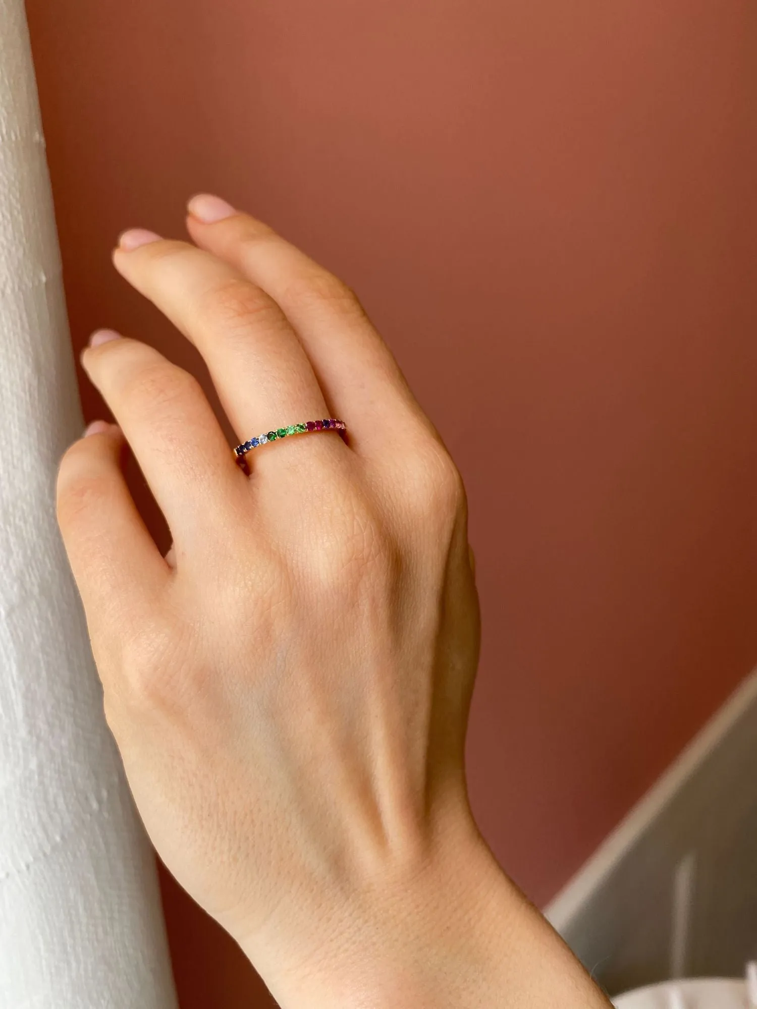 Monara Eternity 18K Gold Ring w. Sapphires, Tsavorite & Diamond