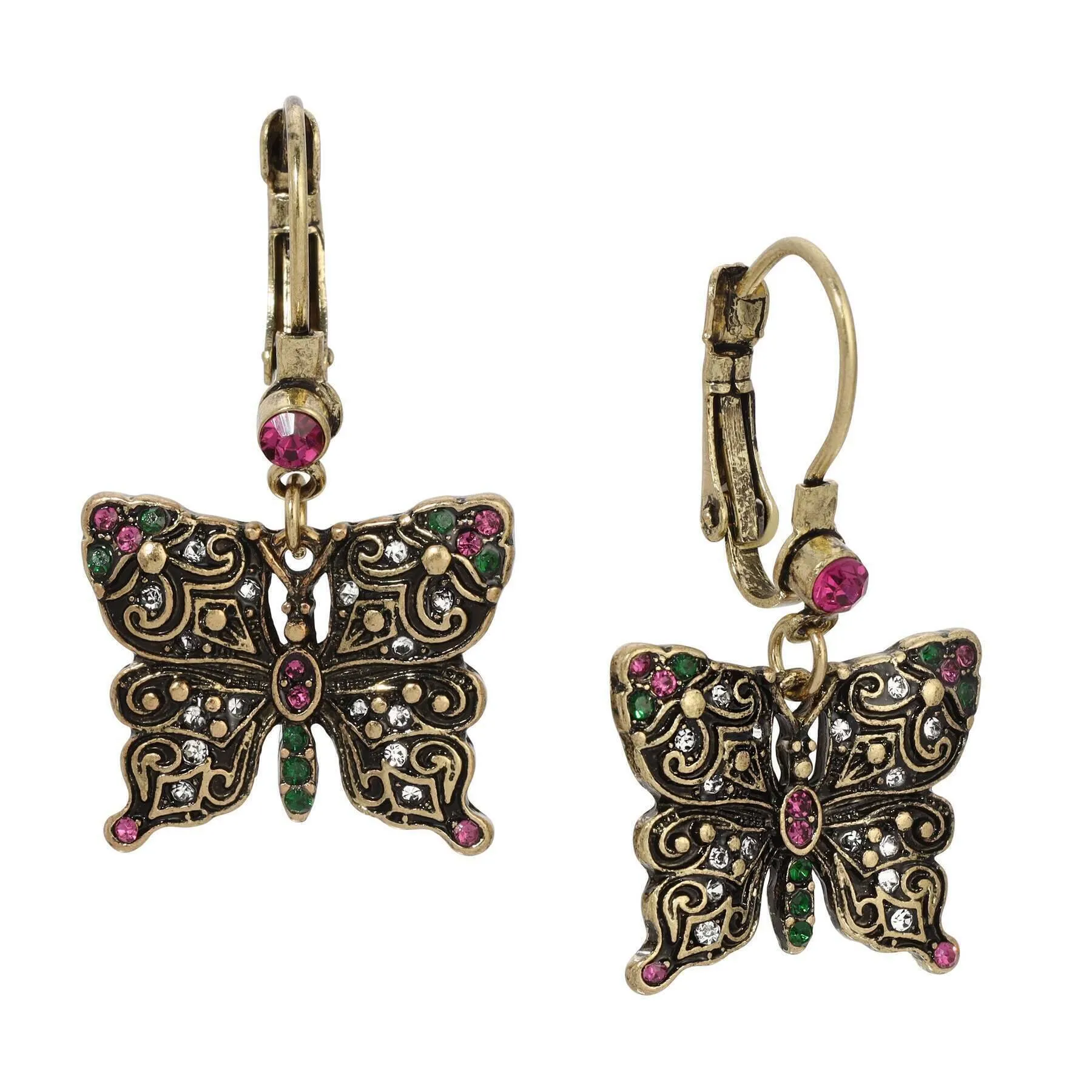 Regency Antiqued Butterfly Multi Color Crystals Drop Earrings 1928 Jewelry