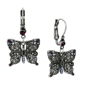 Regency Antiqued Butterfly Multi Color Crystals Drop Earrings 1928 Jewelry