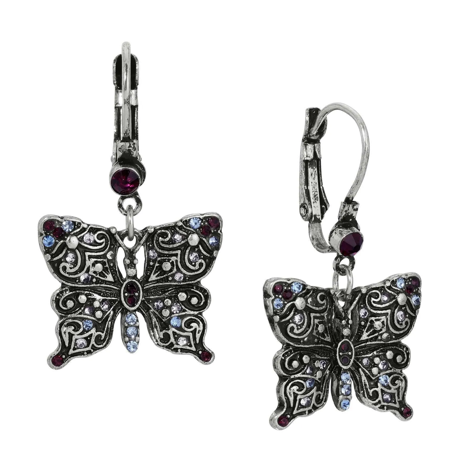 Regency Antiqued Butterfly Multi Color Crystals Drop Earrings 1928 Jewelry