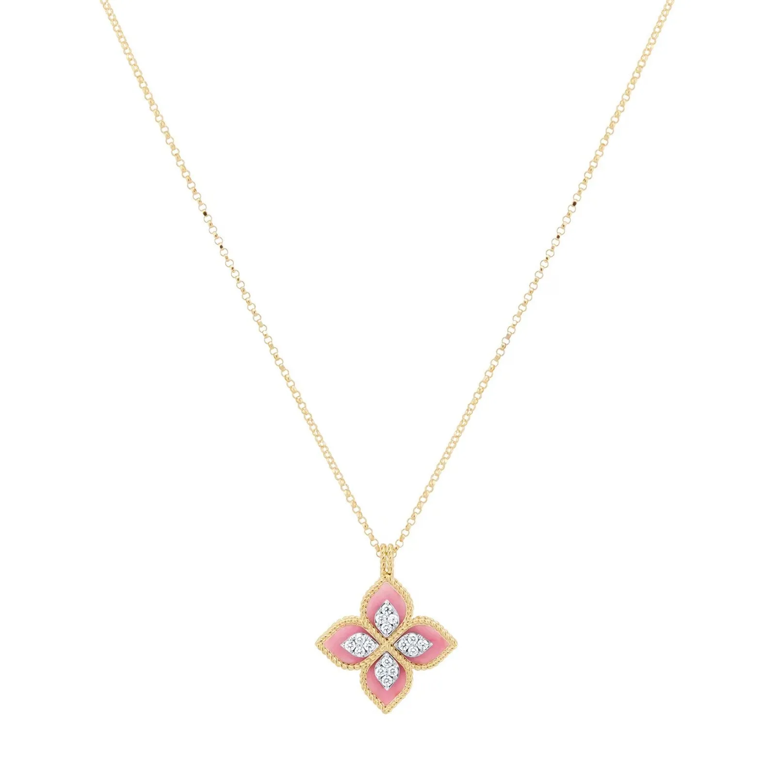 Roberto Coin 18ct Yellow Gold 0.18ct Diamond, Ruby & Rhodonite Princess Flower Necklace