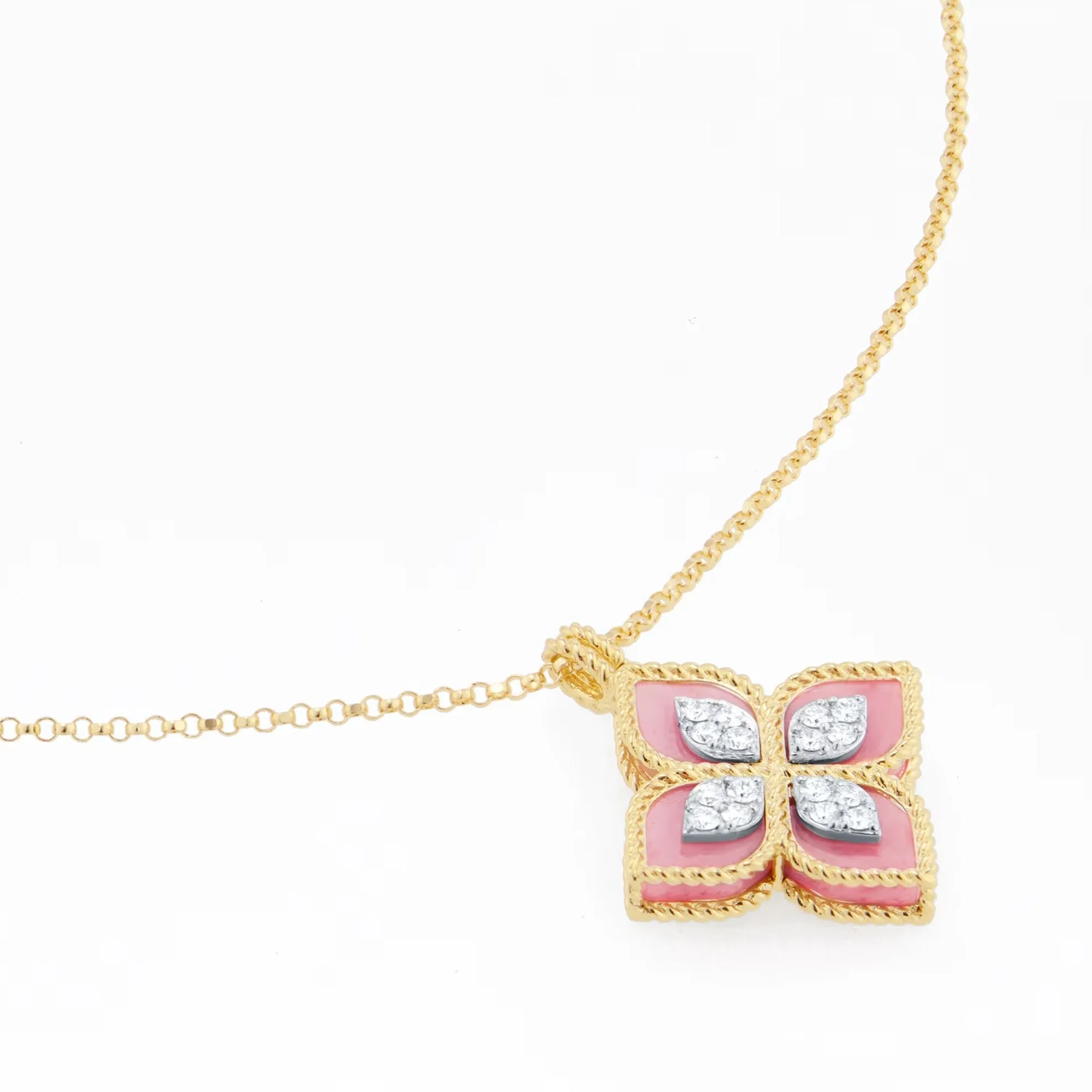 Roberto Coin 18ct Yellow Gold 0.18ct Diamond, Ruby & Rhodonite Princess Flower Necklace