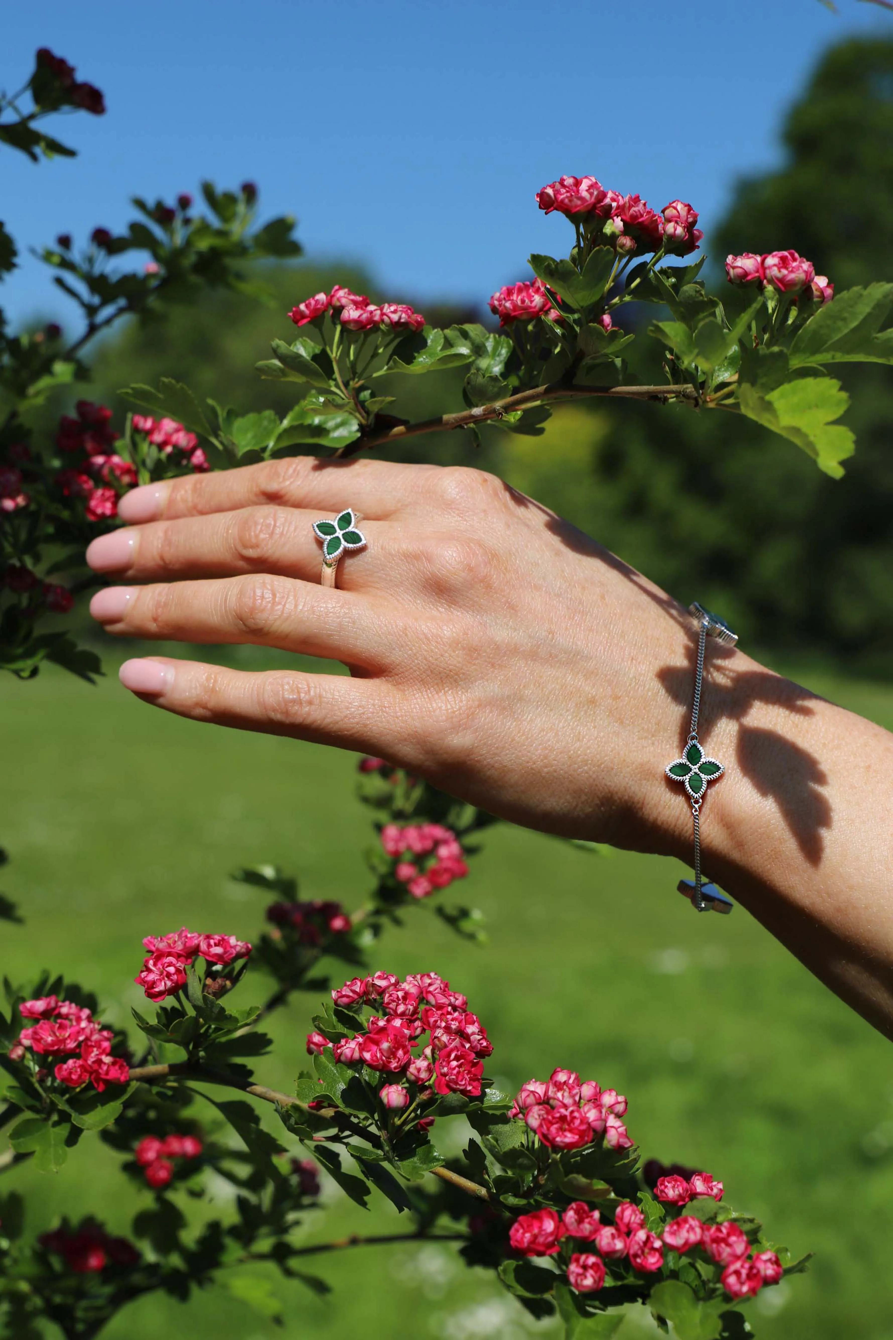 Sterling Silver Malachite Eden Marquise Flower Ring