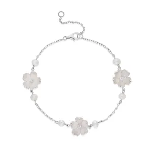 Sterling Silver Pearl & Diamond Three Flower Bracelet