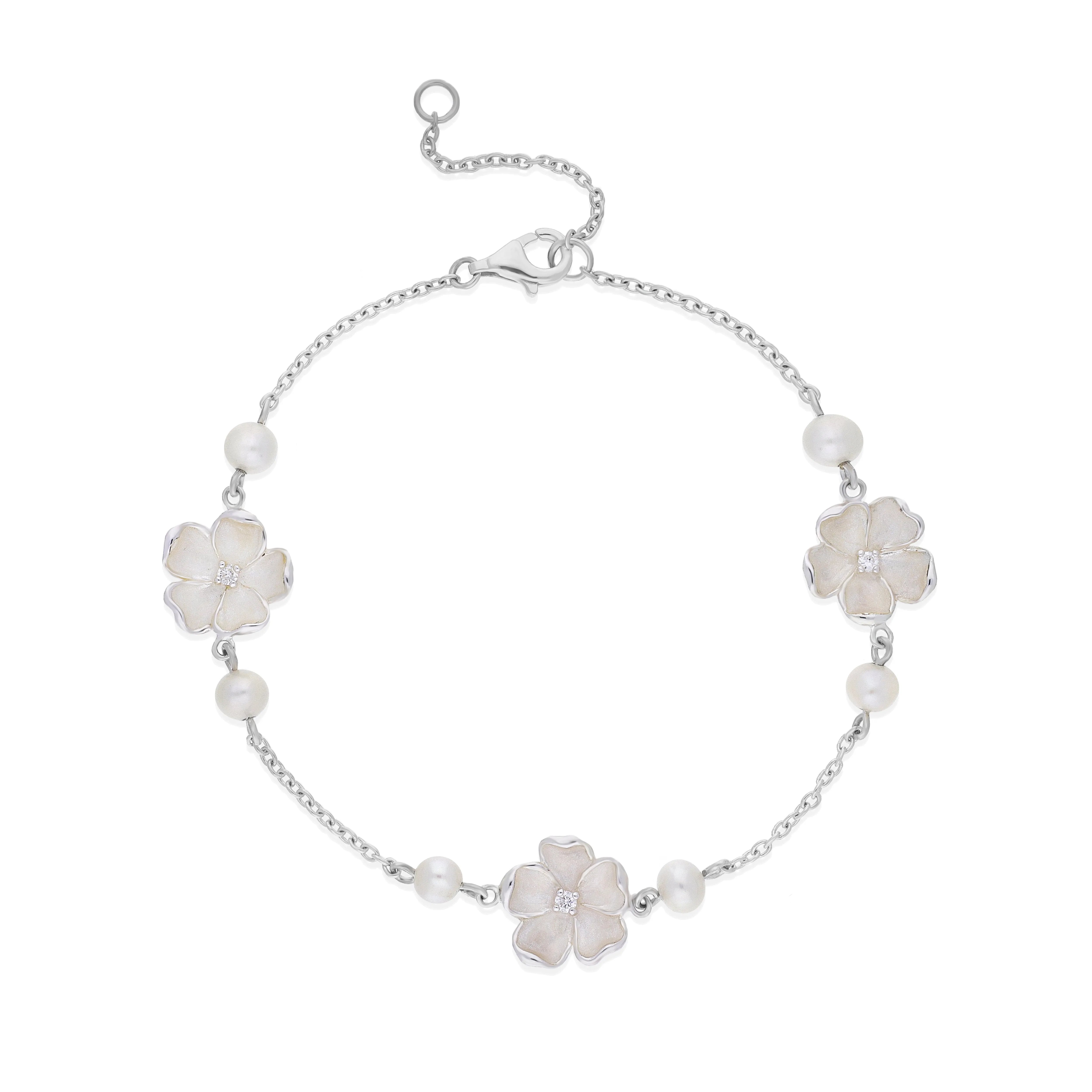 Sterling Silver Pearl & Diamond Three Flower Bracelet