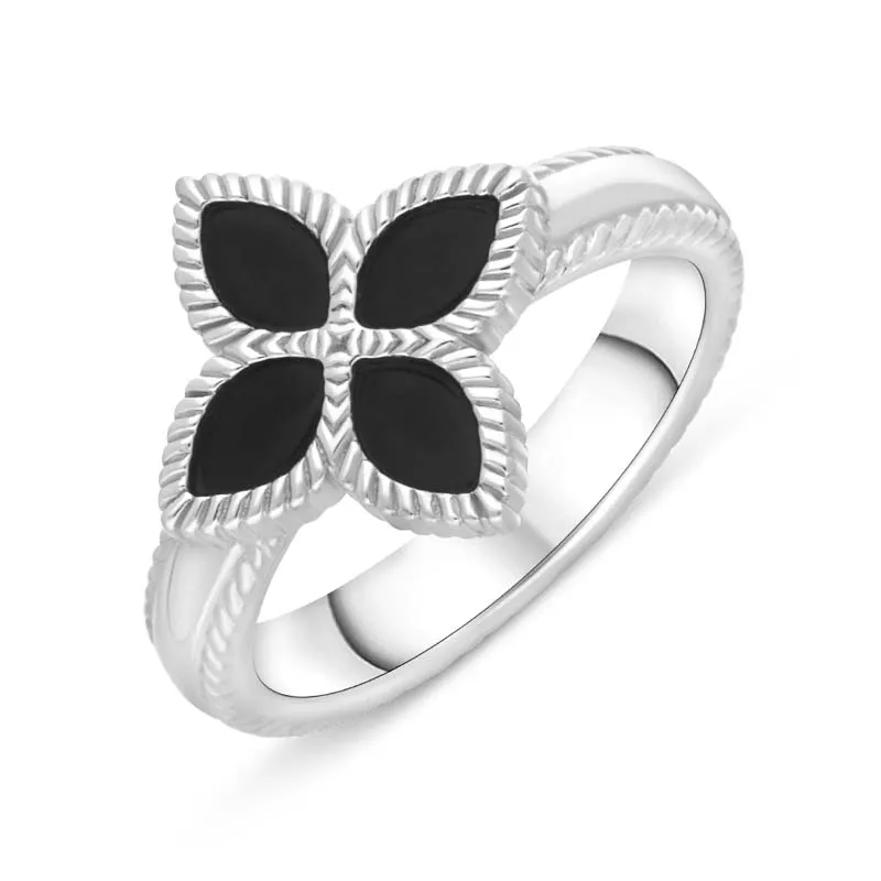 Sterling Silver Whitby Jet Eden Marquise Flower Ring