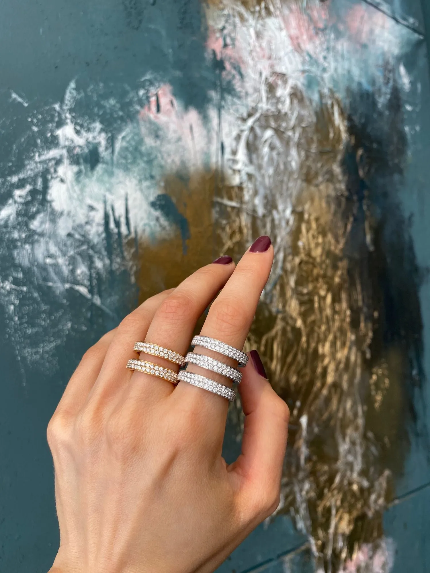 Two Double Row Parallel 18K Gold, Rosegold or Whitegold Ring w. Diamonds